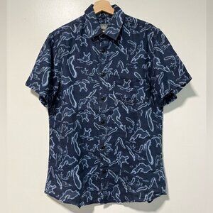 Roots Canada Blue Linen Button-Up Shirt - Men’s Medium, Abstract Print